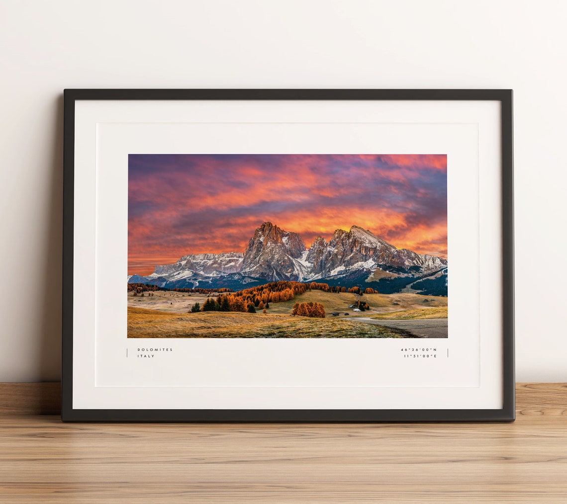 Dolomites Italy Sunset Mountain Peaks Photo Coordinates Poster