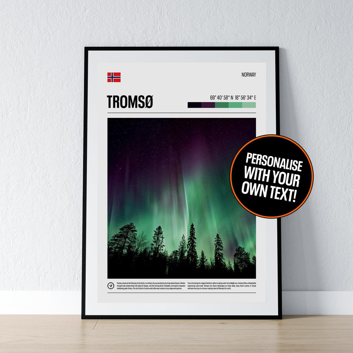 Tromso Norway Northern Lights Aurora Coordinates Travel Print