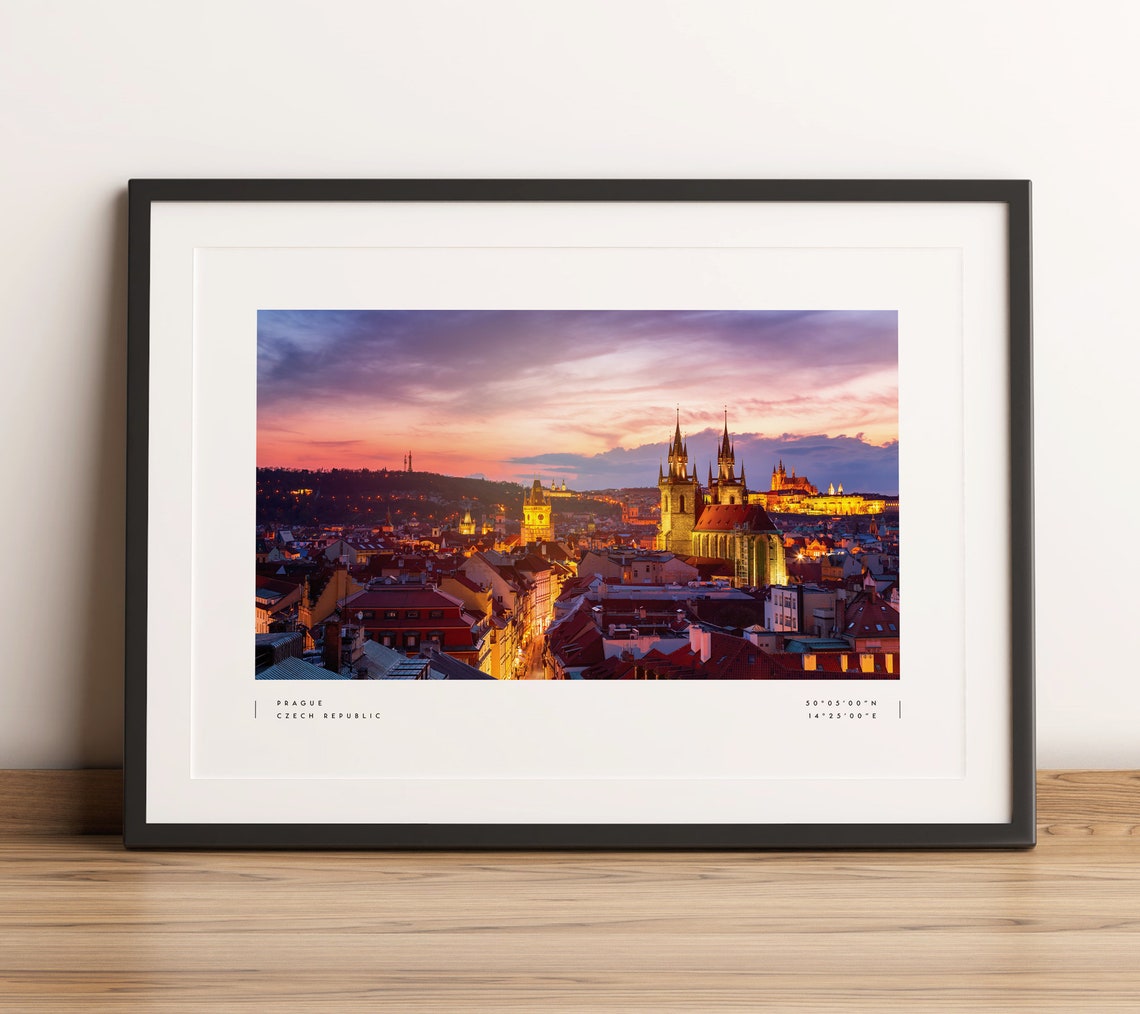 Prague Czech Republic Old Town Dusk Skyline Coordinates Poster