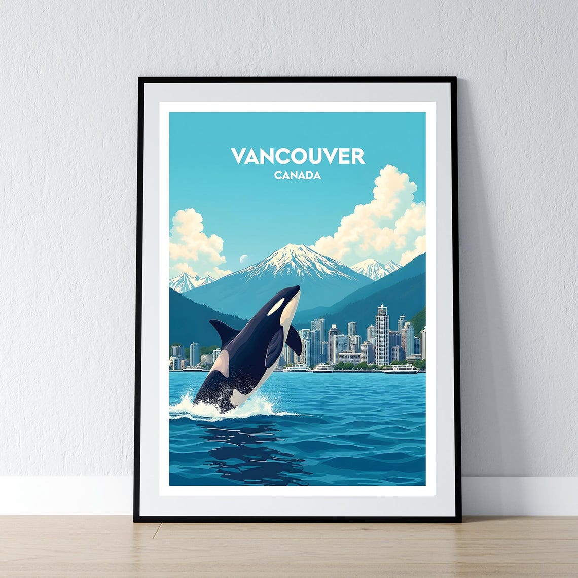 Vancouver Canada Orca Whale Breaching Skyline Mountains Travel Poster