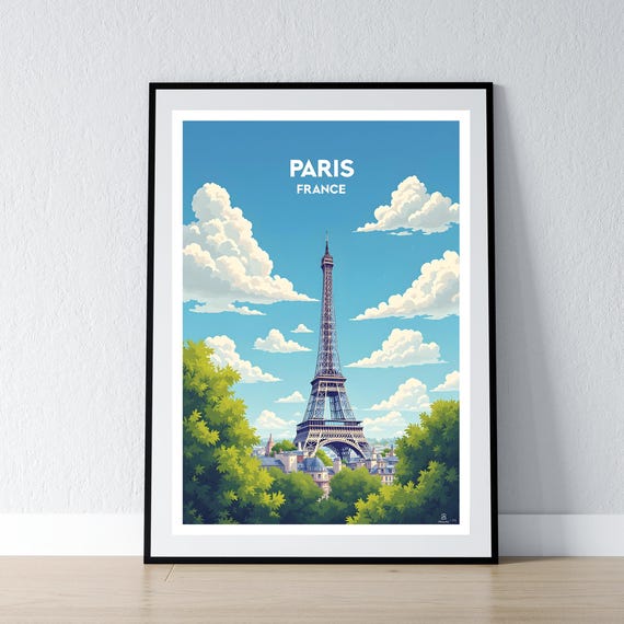 Paris Poster Eiffel Tower Print Wall Art Gift Travel France French Home Decor Illustration