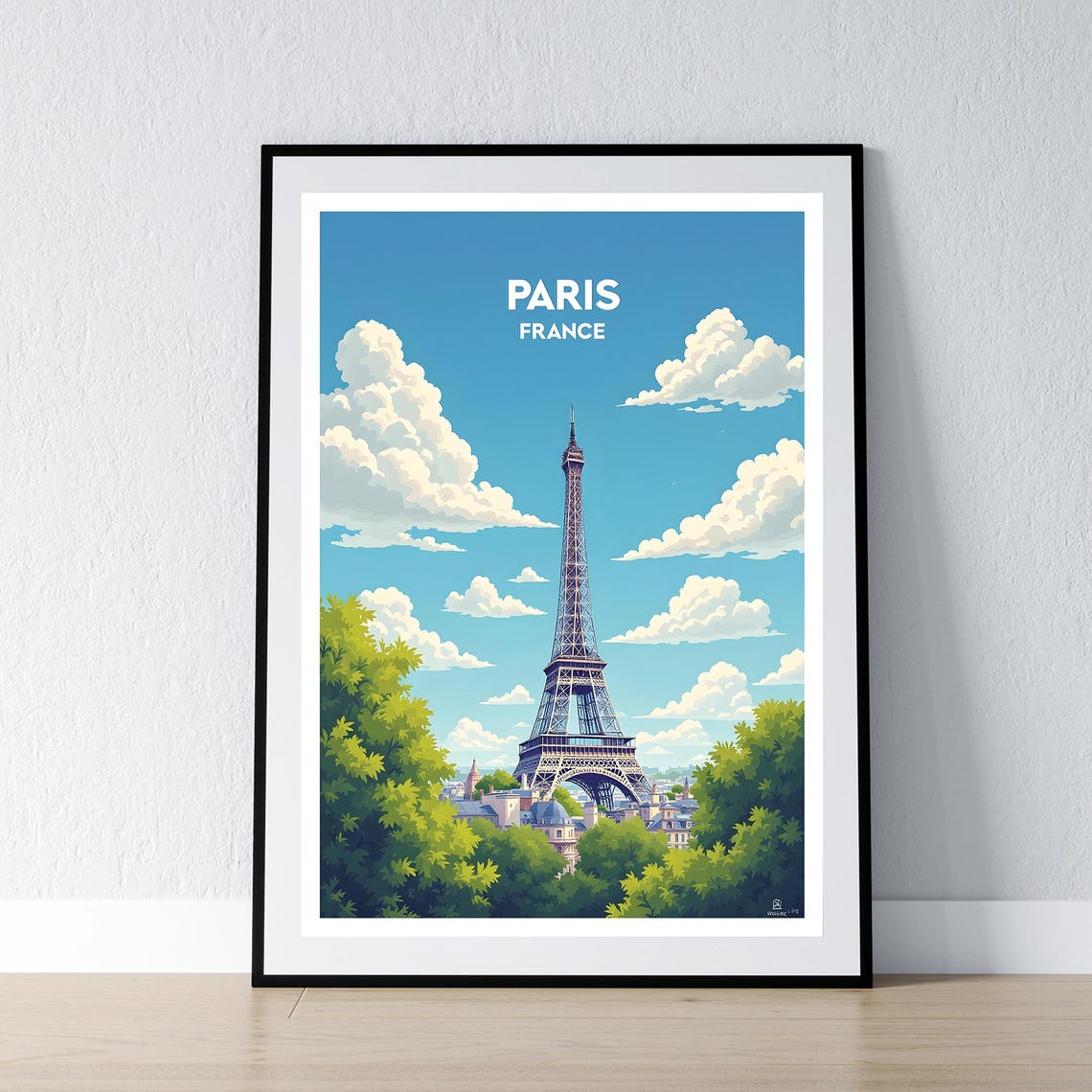 Eiffel Tower Paris Blue Sky Green Trees Landmark Travel Poster