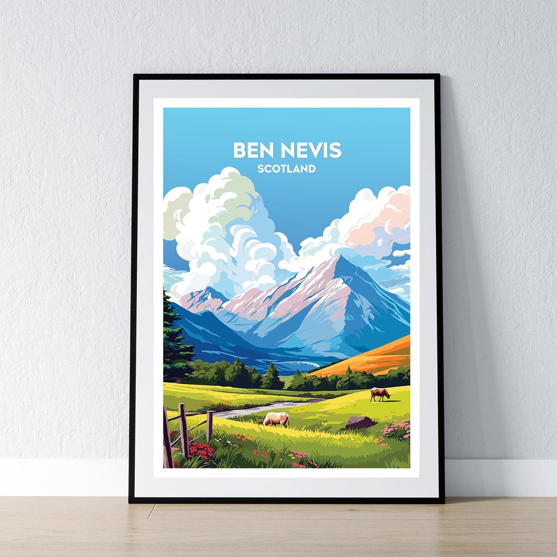 Ben Nevis Scotland Highland Mountain Meadow Retro Travel Poster