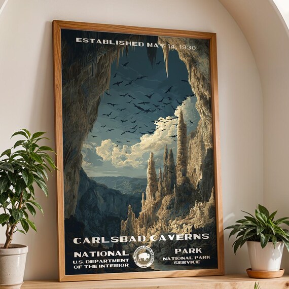 Carlsbad Caverns New Mexico Night Cave Bats Retro Travel Poster