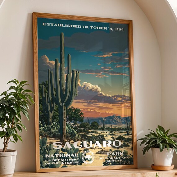 Saguaro National Park Sunset Giant Cactus Desert Travel Poster