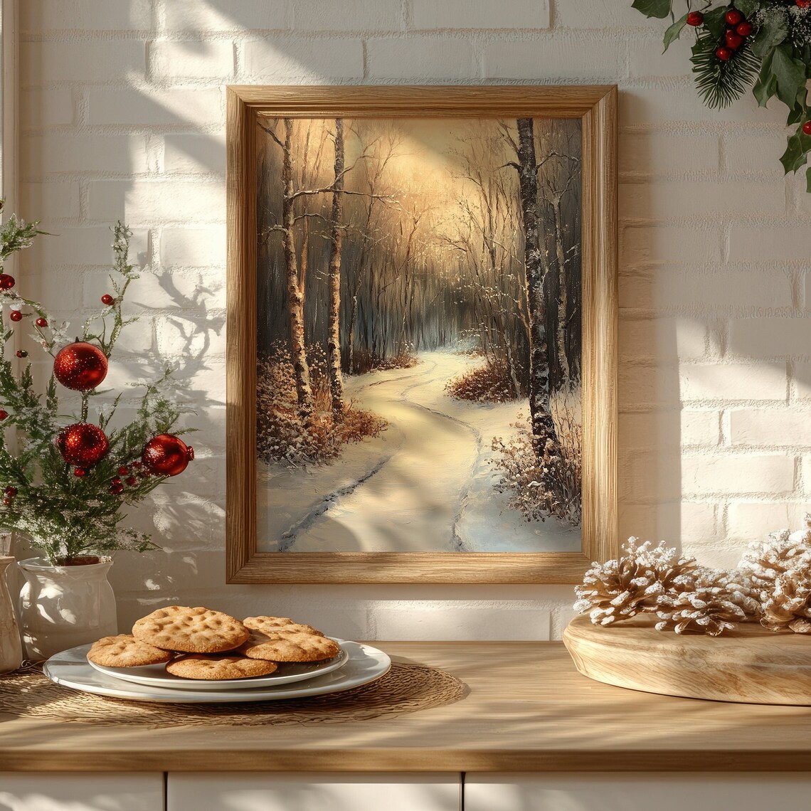 Snowy Birch Forest Path Golden Winter Light Vintage Christmas Art Poster