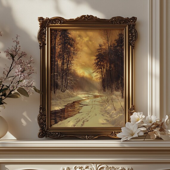 Golden Winter Stream Snowy Forest Sunset Vintage Oil Painting Art Poster