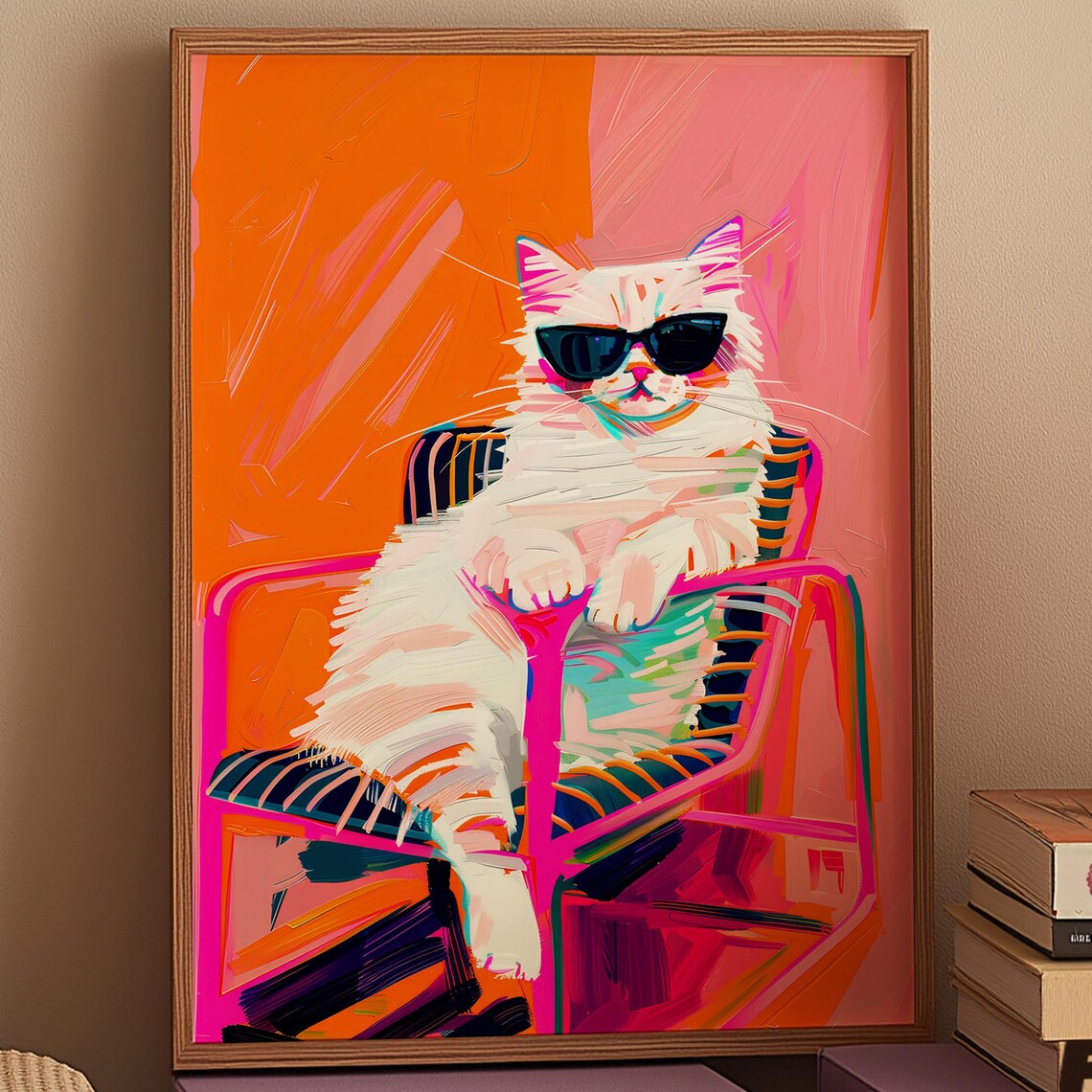 Cool White Cat in Sunglasses Lounging Chair Fun Pop Art Print
