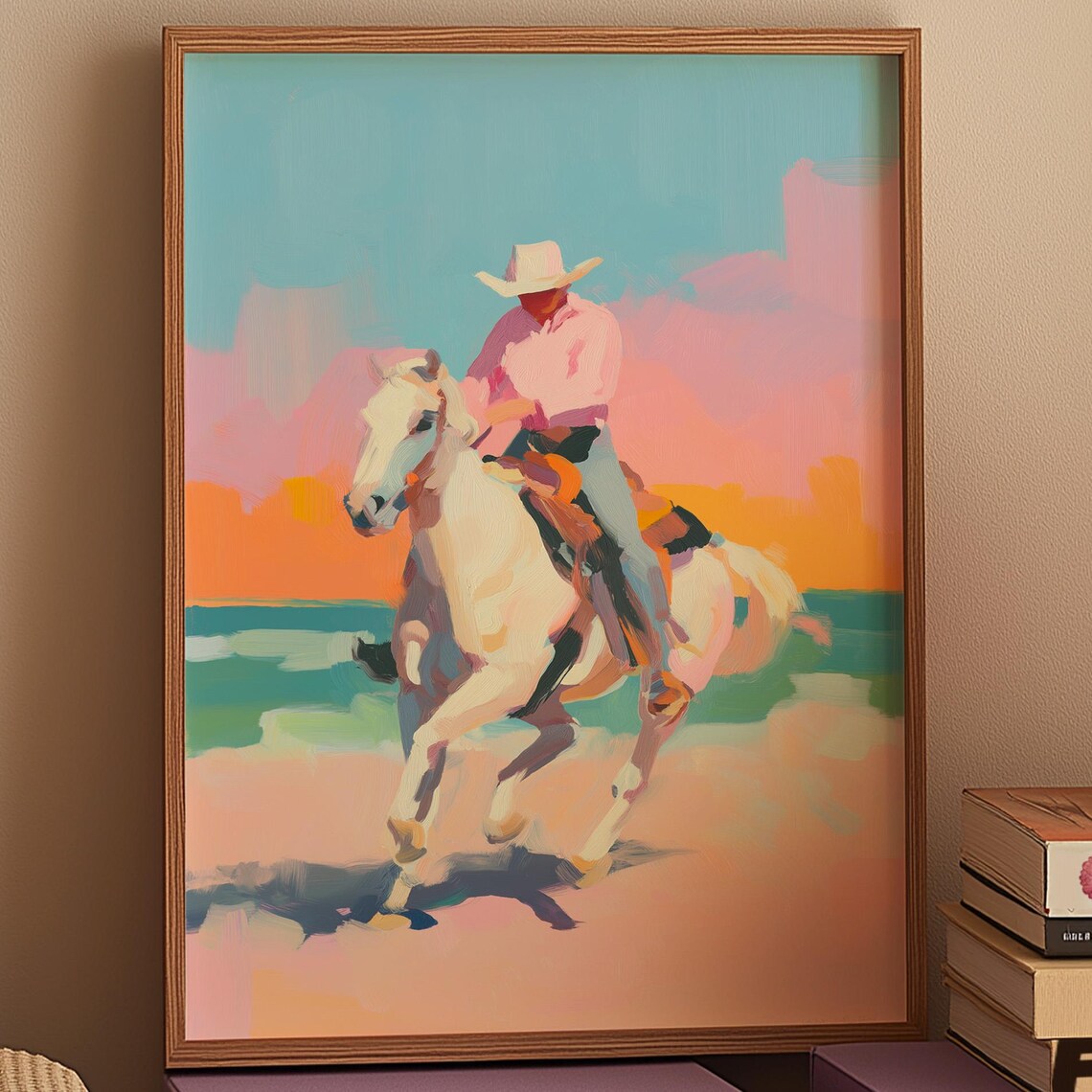 Pastel Cowboy Riding White Horse On Beach Sunset Retro Art Poster