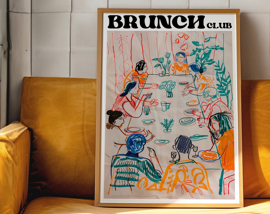 Brunch Club Whimsical Dining Scene Retro Kitchen Statement Art Print