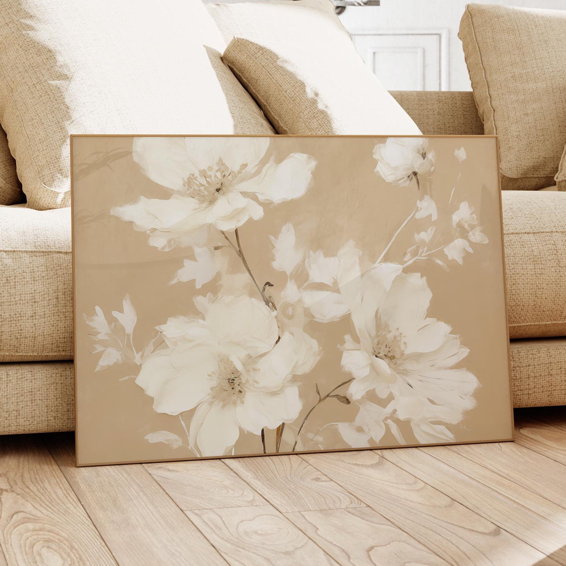 Cream White Flowers on Beige Neutral Floral Botanical Poster