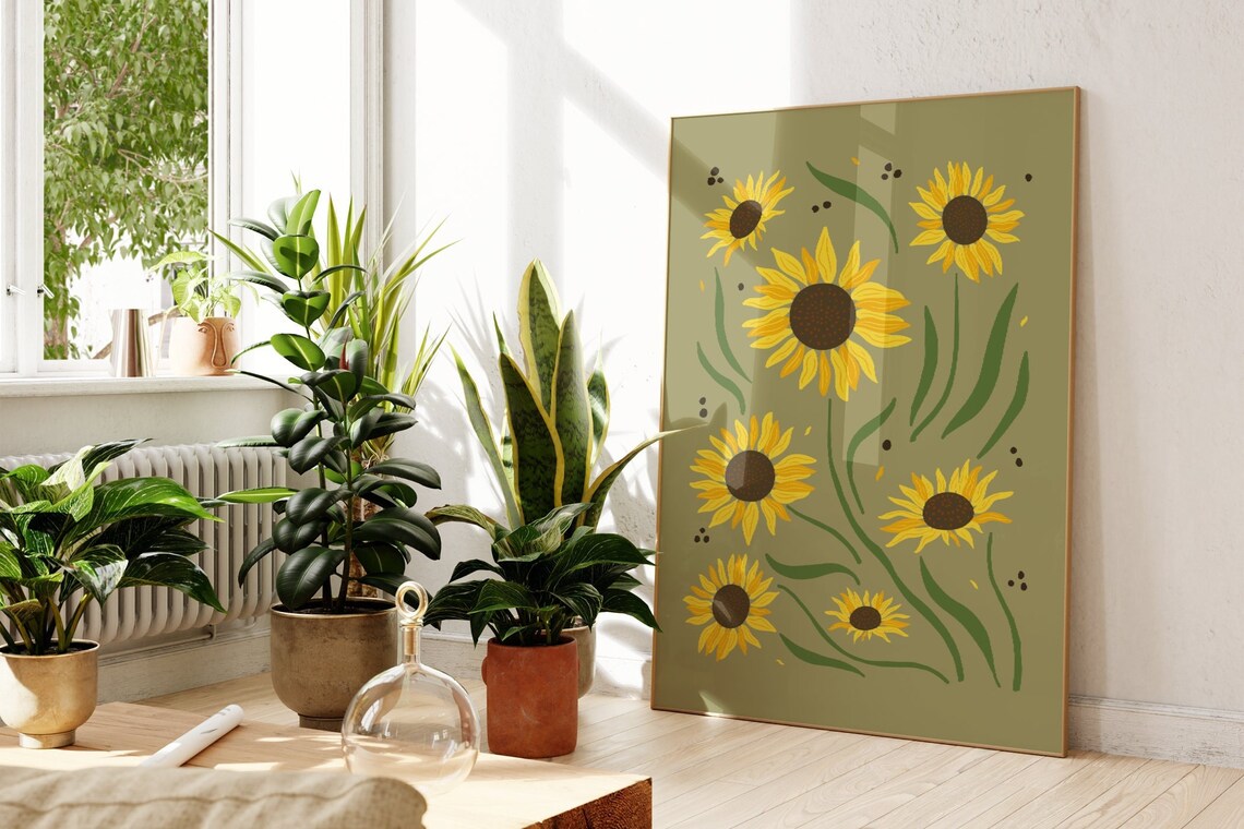 Sunflower Print, Green Boho Botanical Art Print