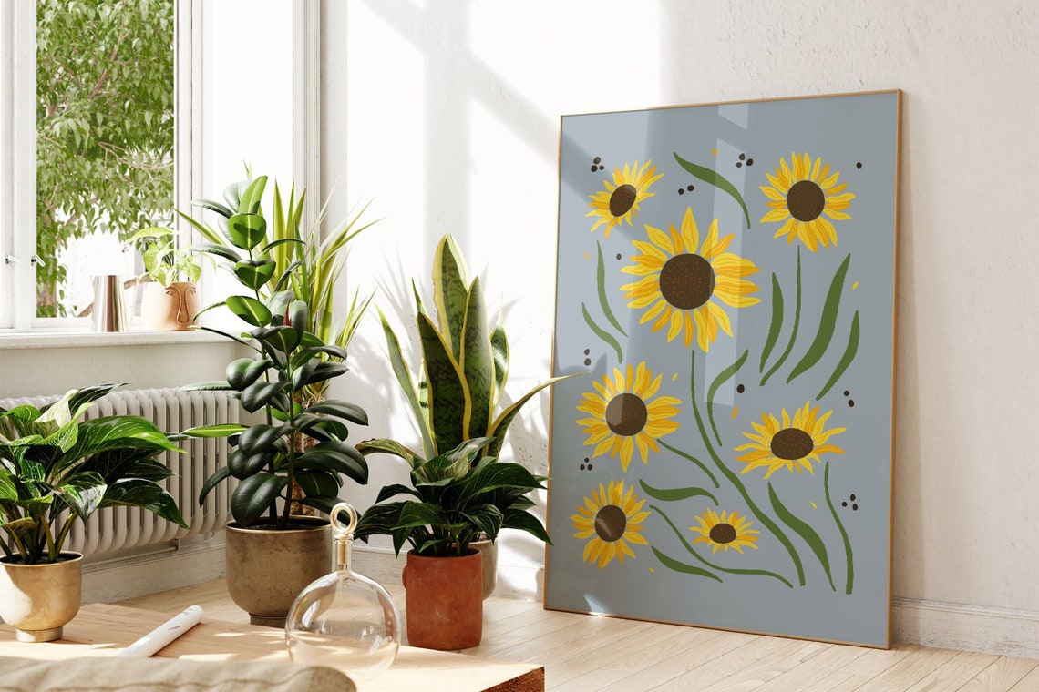 Sunflower Yellow Blue Boho Botanical Floral Kitchen Art Poster