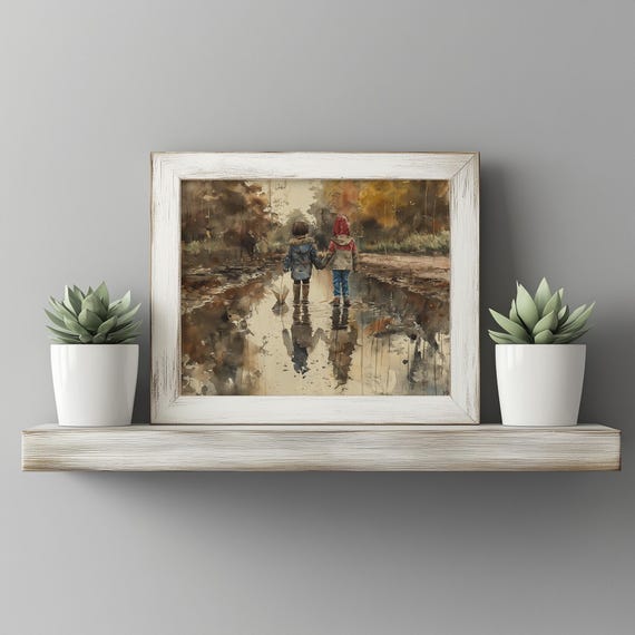 Children In Rain On Clay Lane Reflective Puddle Art Autumn Mood Wall Decor Earthy Print Rustic Fall Painting Scene 40