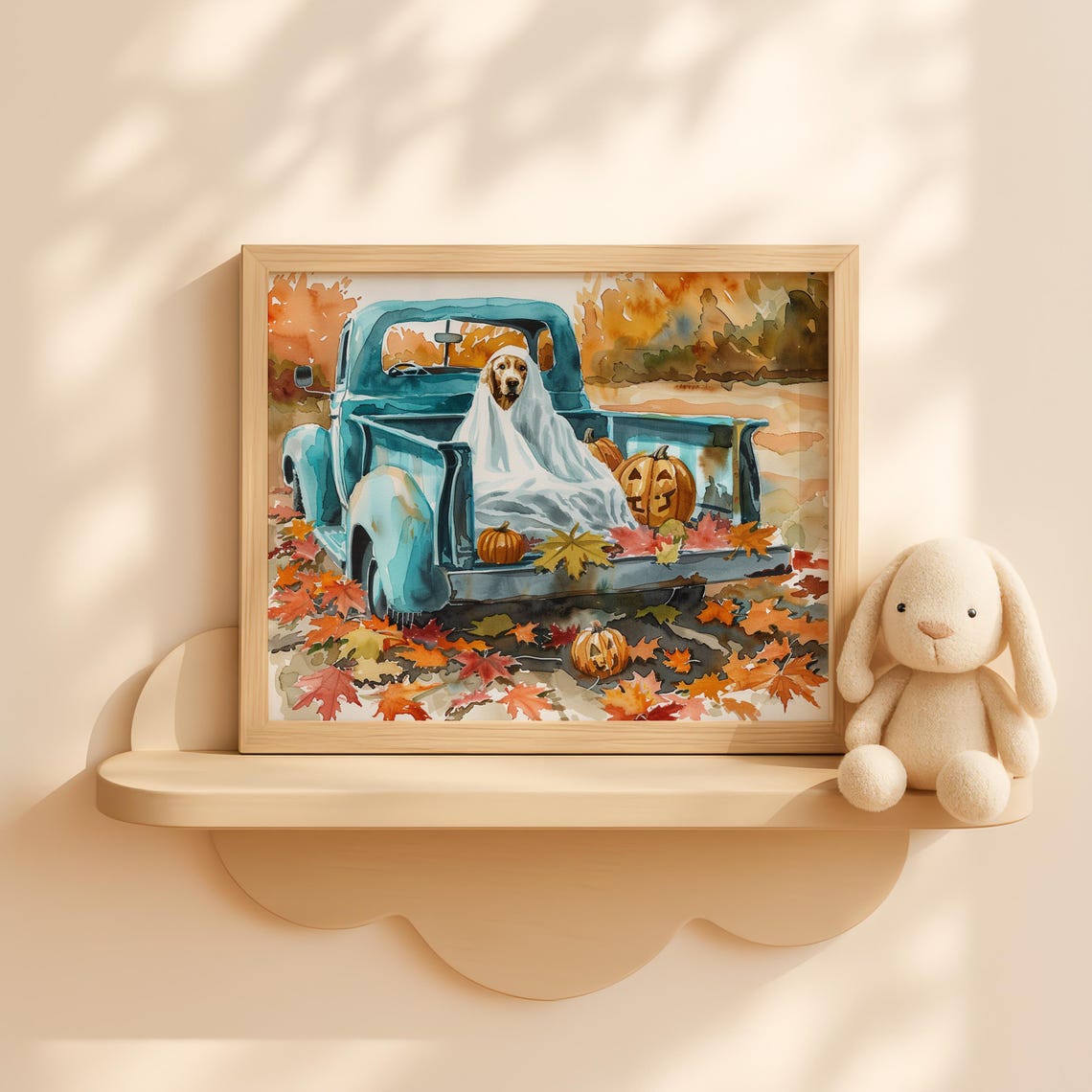 Golden Retriever Ghost Costume Vintage Pickup Pumpkins Fall Dog Poster