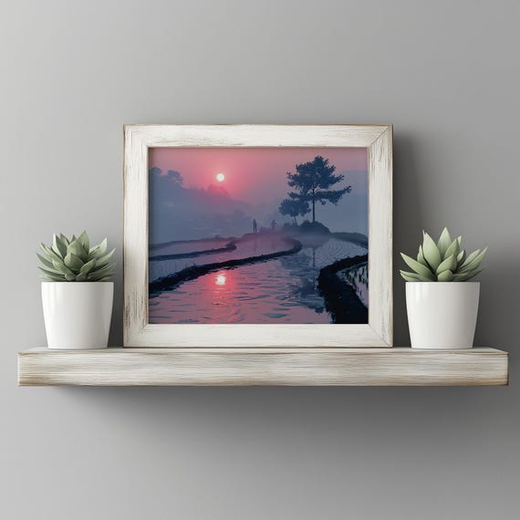 Rice Paddies At Sunrise Misty Morning Landscape Pink Sky Farming Scene Serene Asian Countryside Wall Art 39