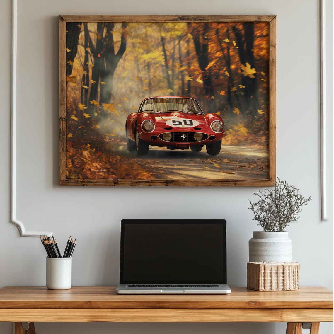 Racing Car Wall Art Autumn Forest Drive Scene Classic Red Vehicle Decor Moody Fall Landscape Auto Print