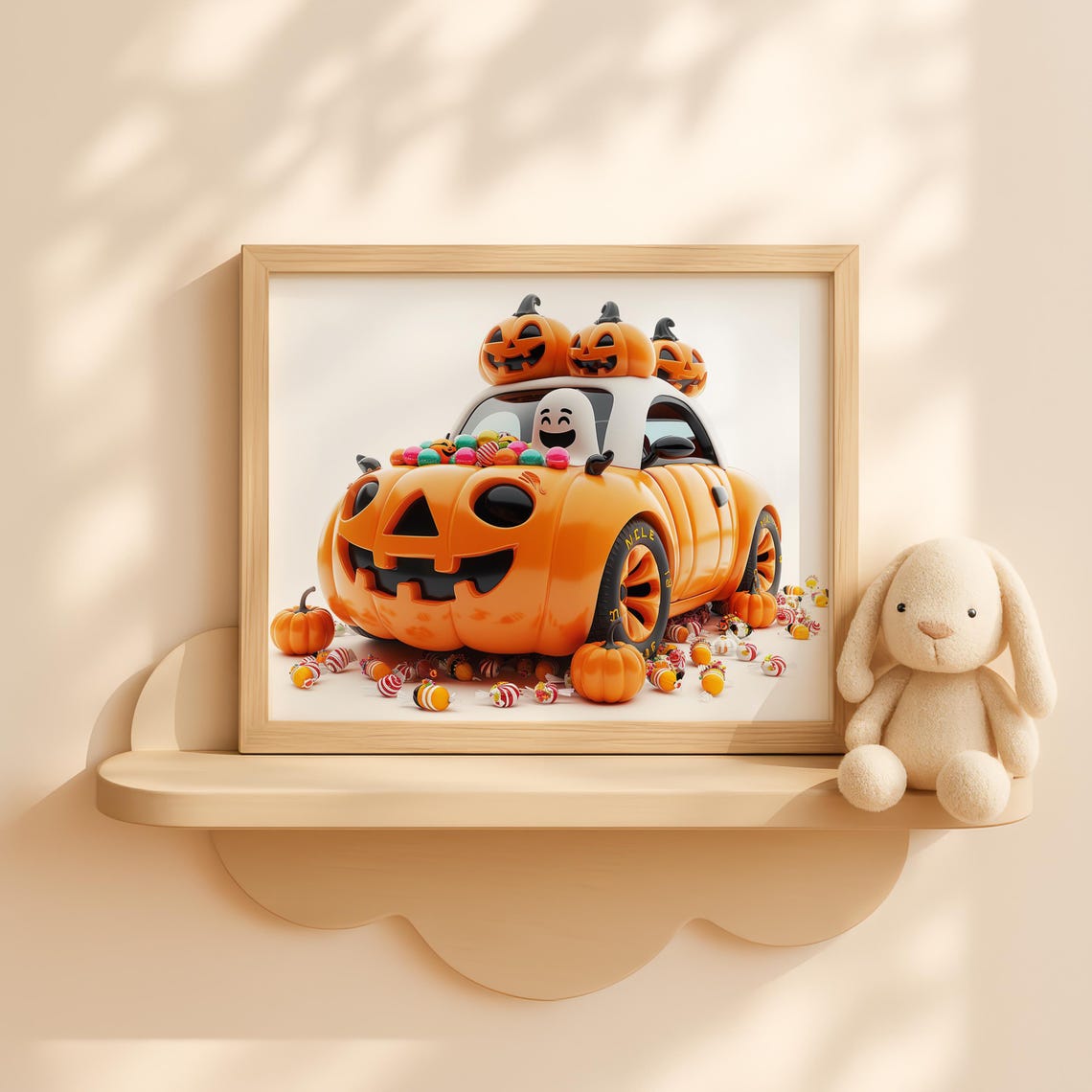 Pumpkin Car With And Witch Hat Wall Art Halloween Kids Room Decor Cute Fall