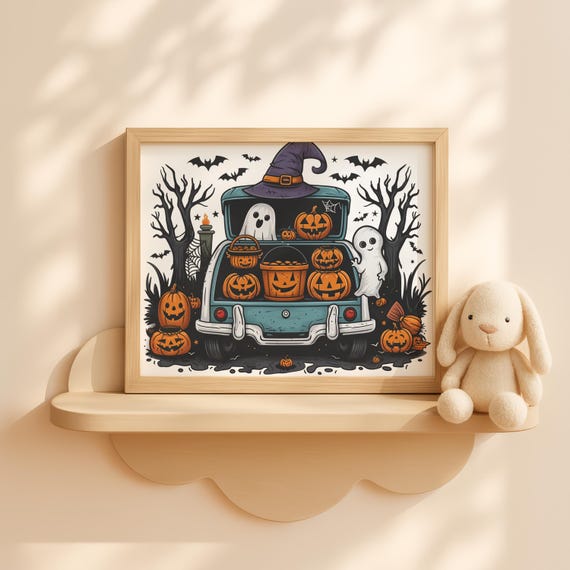 Halloween Car Trunk Wall Art For Kids Room Cute Pumpkins Witch Hat Spooky Autumn Decor Print