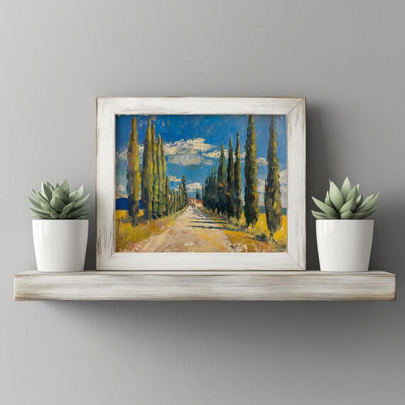 Tall Poplars Lining Autumn Road Moody Fall Countryside Scene Earthy Landscape Wall Art Rustic Nature Painting