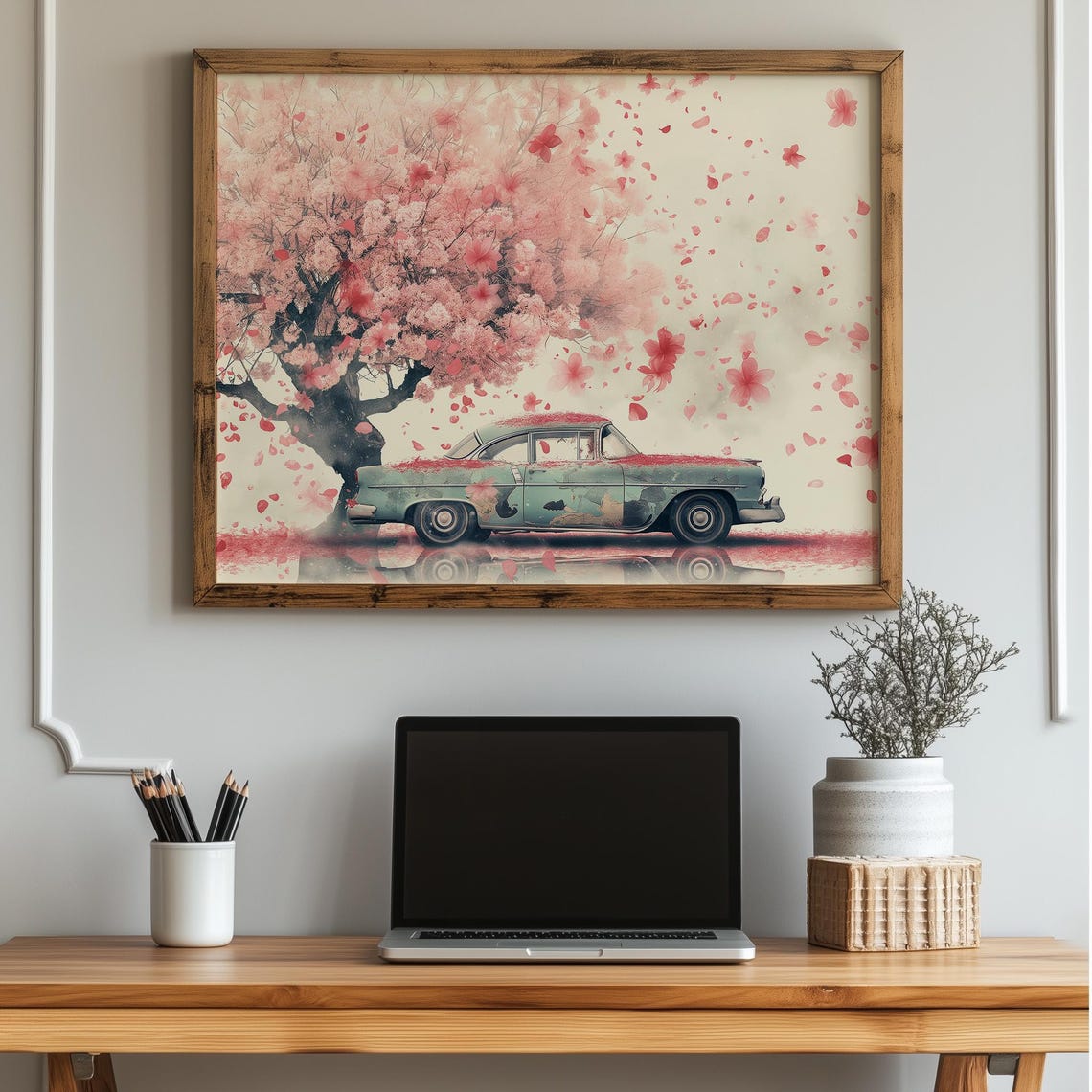 Vintage 1950s Classic Car Parked Beneath a Cherry Blossom Tree Poster
