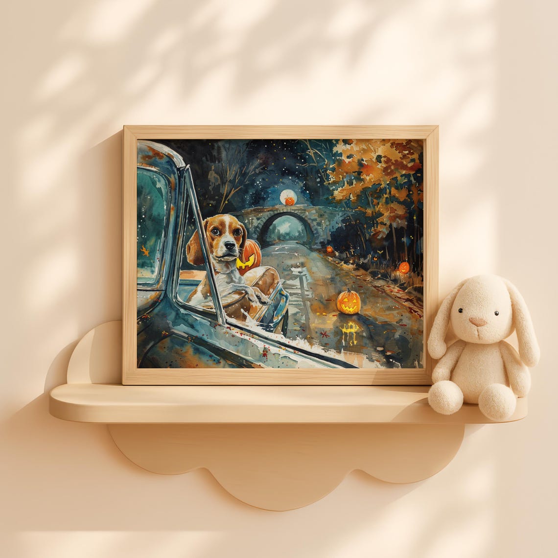 Beagle Puppy Moonlit Bridge Night Drive Pumpkin Halloween Poster
