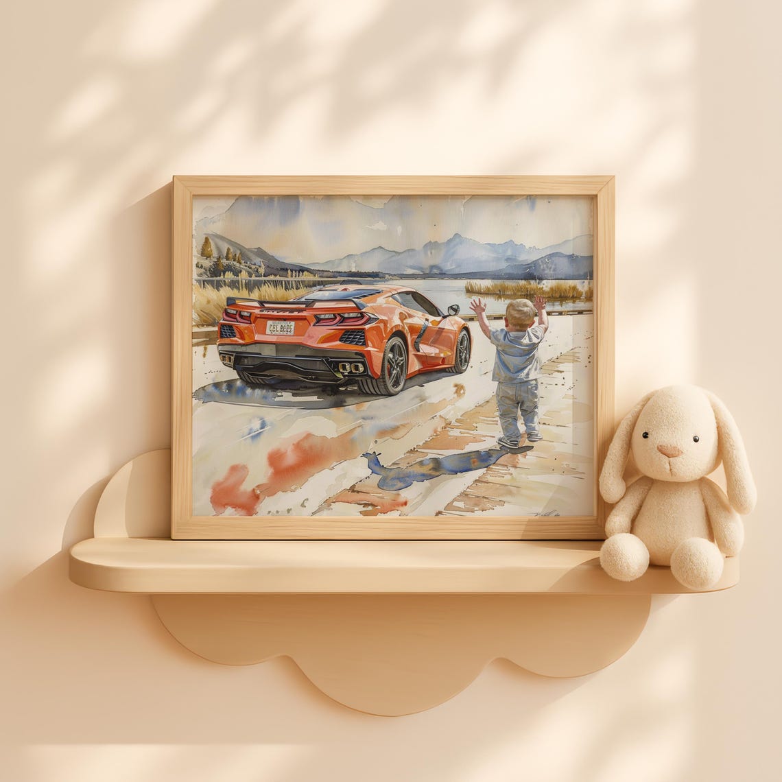Toddler Boy Waving at Orange Corvette Watercolor Lakeside Scene Poster