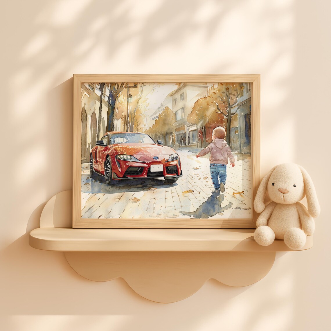 Toddler Boy and Red Toyota Supra Watercolor Autumn Street Art Print