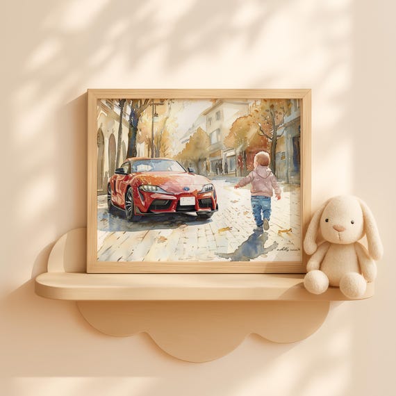 Baby Boy Walking Watercolor Kids Room Decor Nursery Fall Street Scene Toddler Wall Art