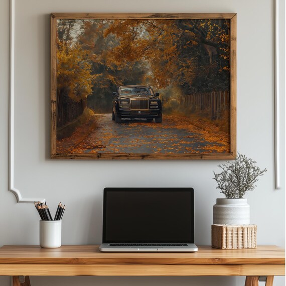 Vintage Car Wall Art Autumn Forest Road Decor Moody Fall Country Scene Rustic Retro