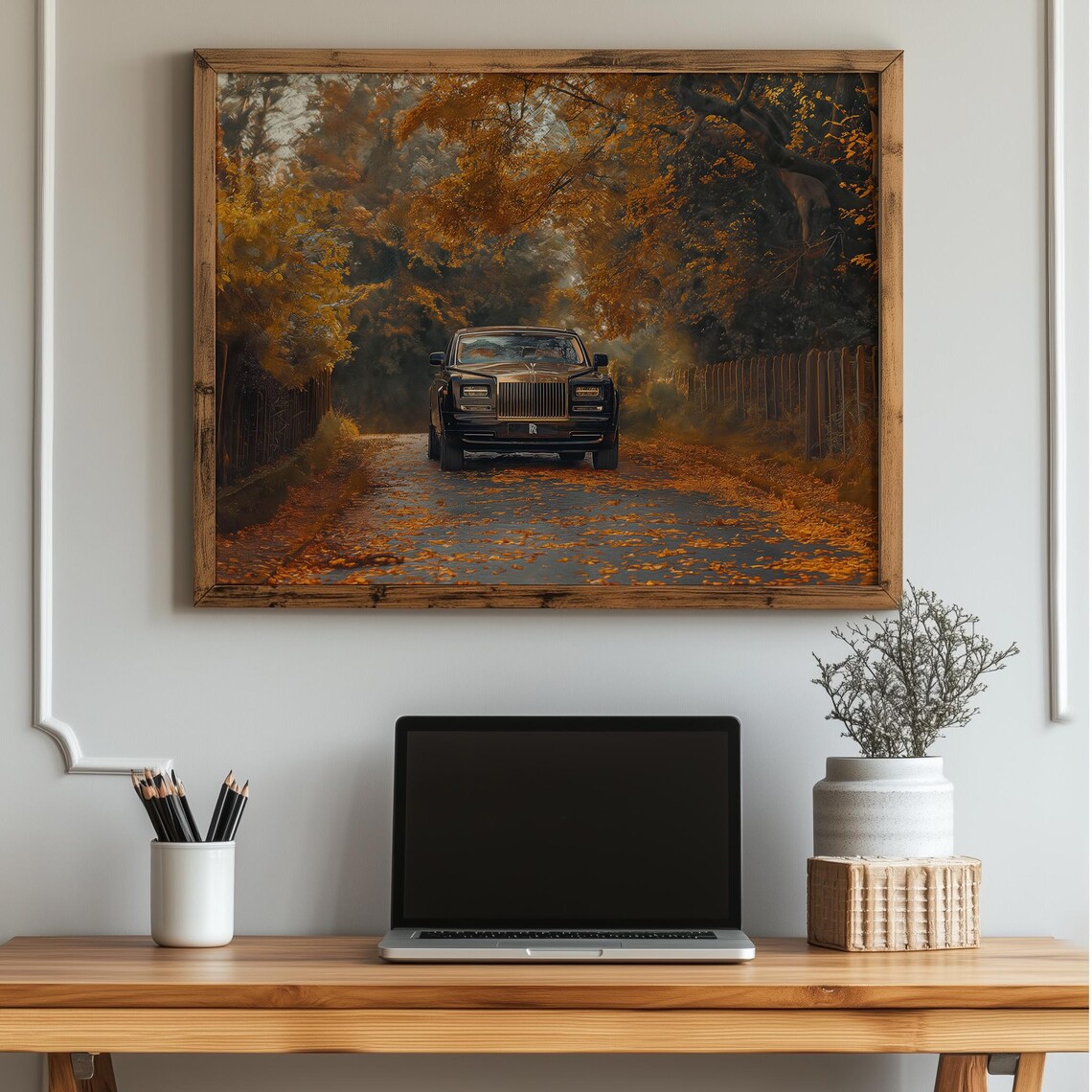 Black Rolls Royce Luxury Sedan Moody Autumn Country Road Art Print