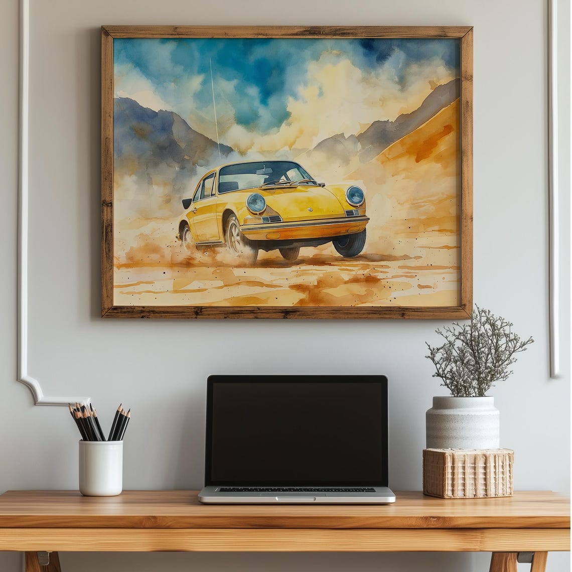 Classic Yellow Porsche 911 Desert Race Watercolor Painting Poster