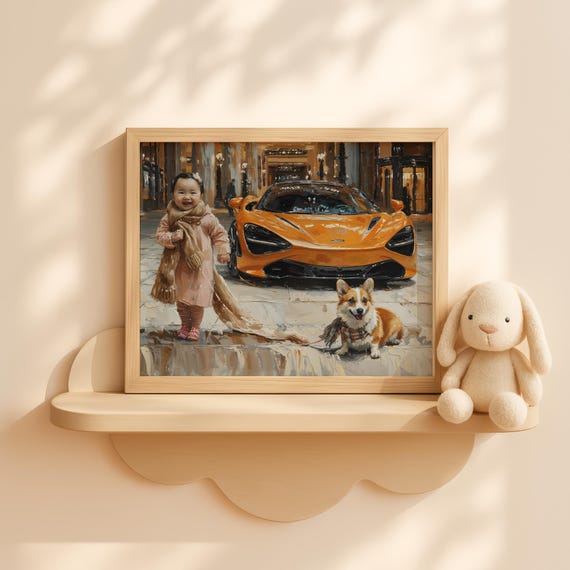 Baby Girl With Cute Dog Painting Nursery Wall Art Rustic Child Portrait Decor Artwork