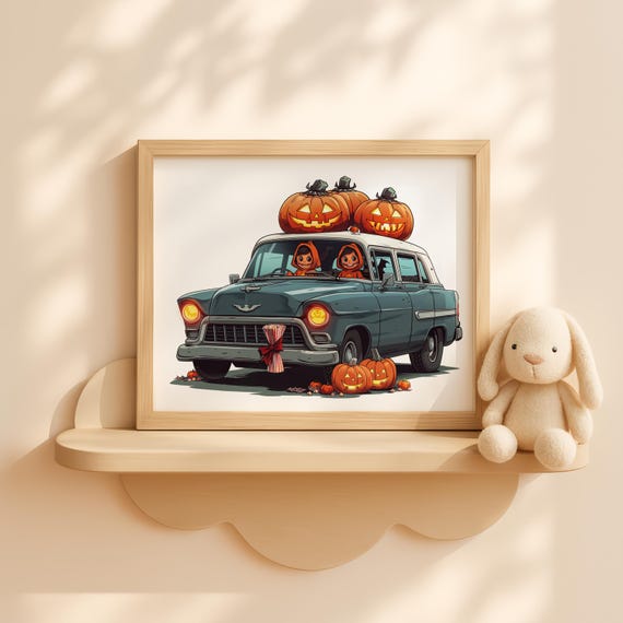 Vintage Halloween Car Wall Art With Kids In Costumes Spooky Fall Decor Cute Trick Or Treat Scene