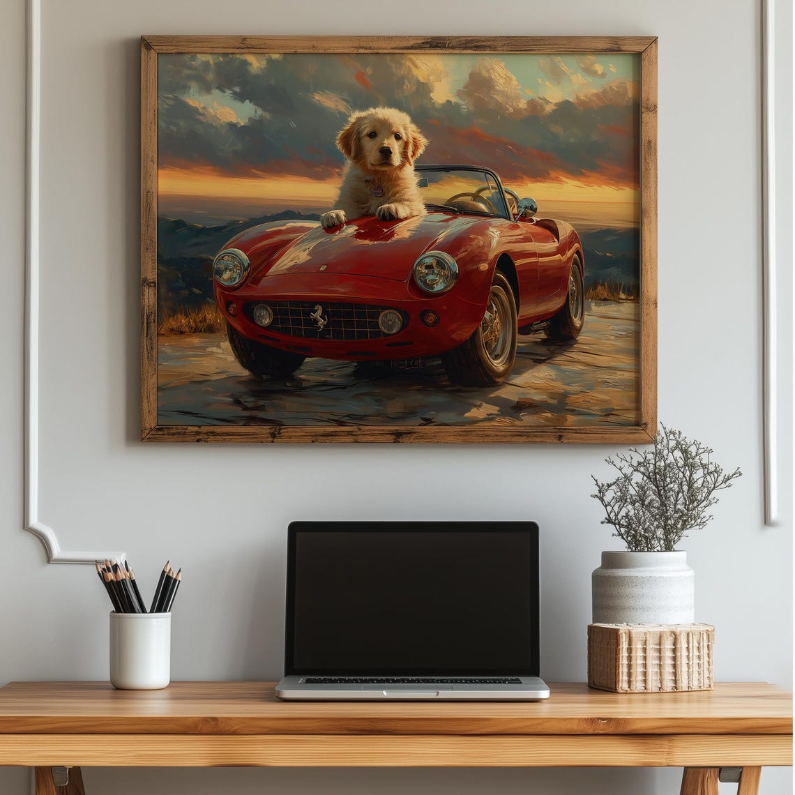 Golden Retriever Puppy Red Classic Car Sunset Evening Drive Poster
