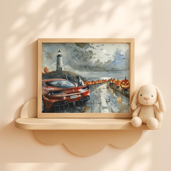 Lighthouse With Pumpkins Coastal Halloween Wall Art Rustic Fall Beach Landscape Painting Autumn Decor
