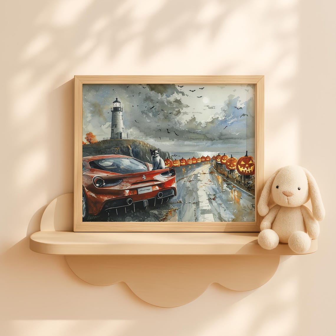 Lighthouse With Pumpkins Coastal Halloween Wall Art Rustic Fall Beach Landscape Painting Autumn Decor
