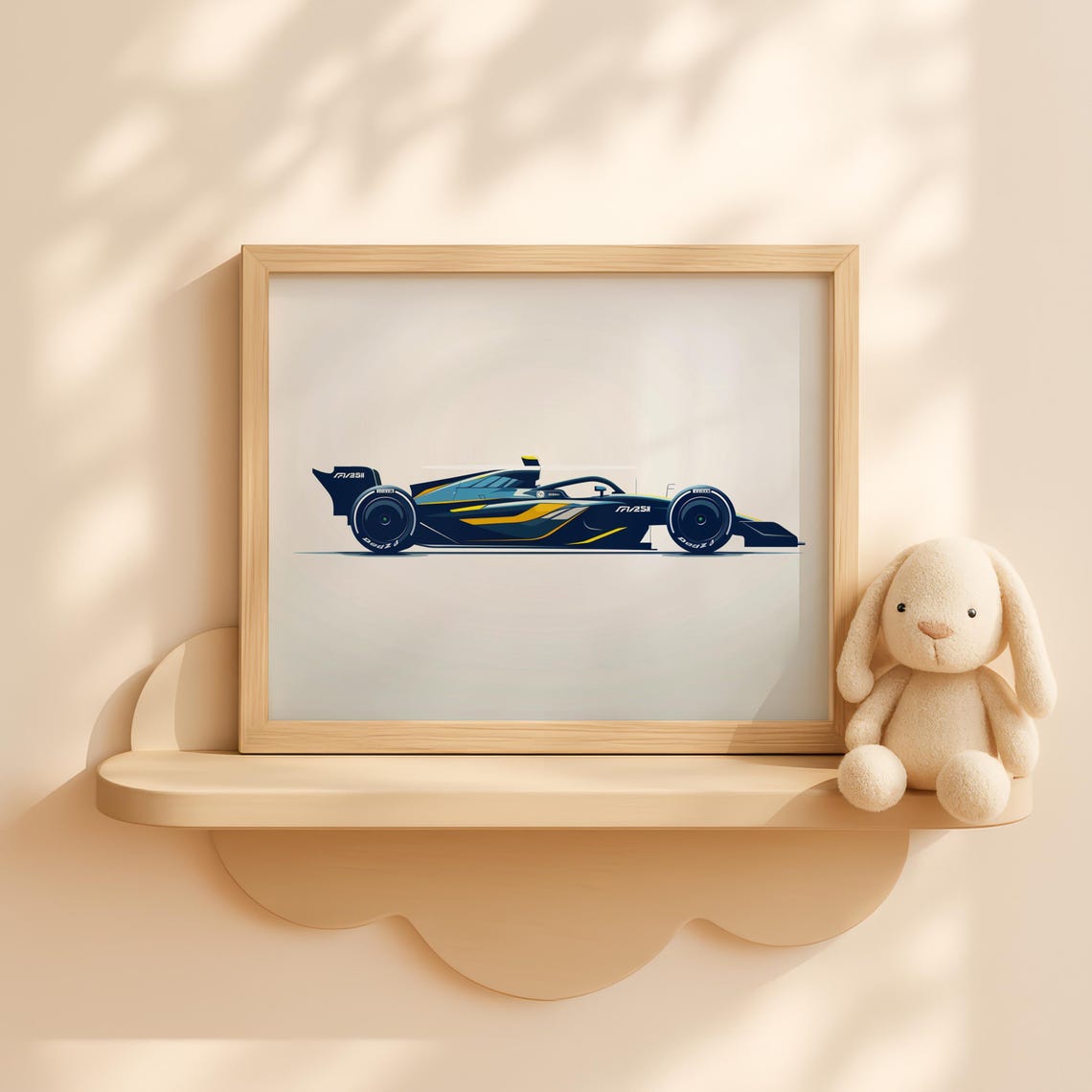 Sleek Modern Open Wheel Race Car Navy Yellow Vector Art Poster