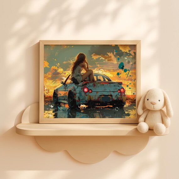 Girl On Rear Spoiler Of White Sports Car Moody Wall Art Power Decor Urban Night Print