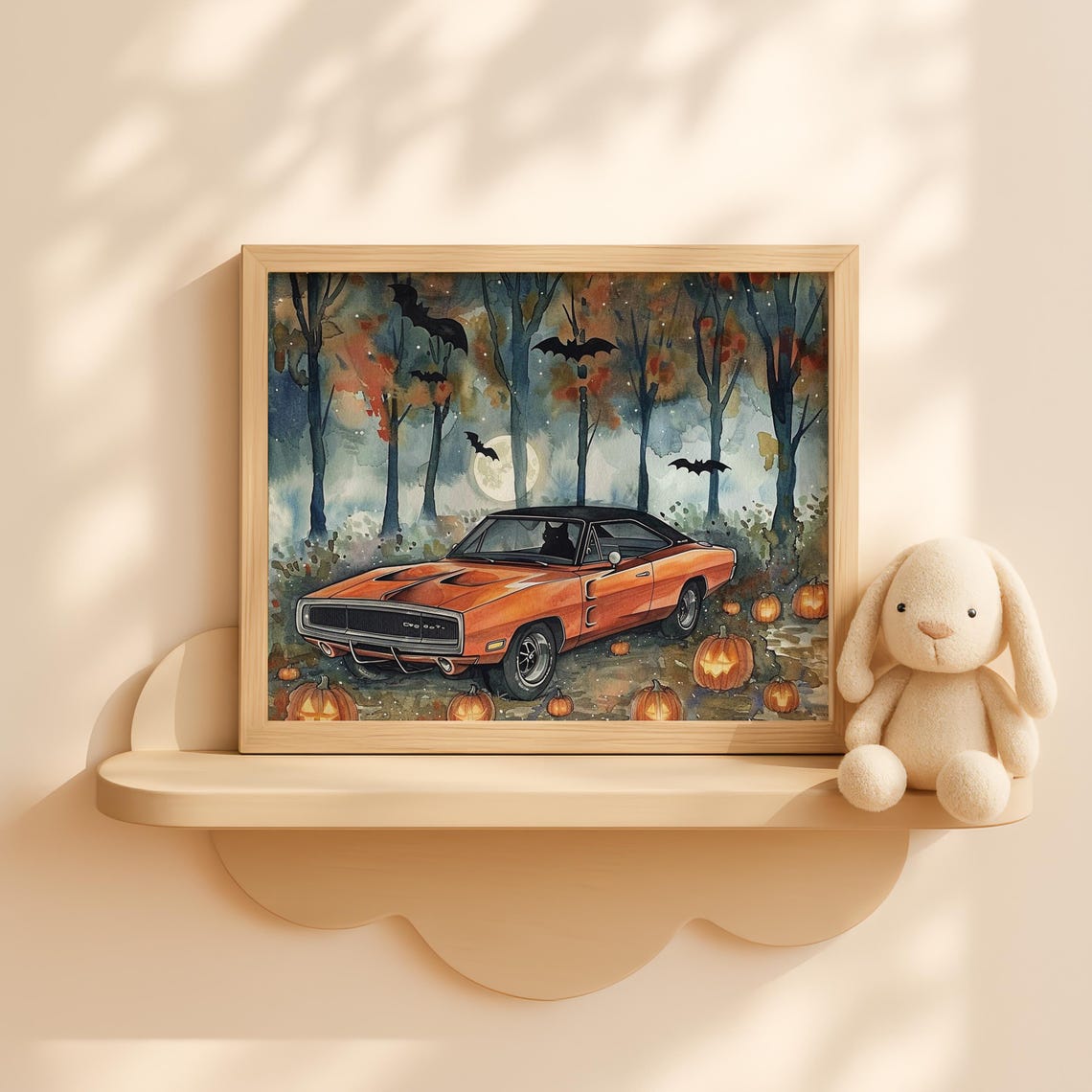 Halloween Car Painting With Black Cat Forest Pumpkins Autumn Landscape Wall Art Spooky Fall Night Decor