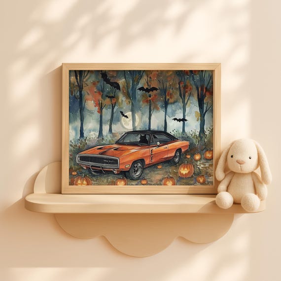 Halloween Car Painting With Black Cat Forest Pumpkins Autumn Landscape Wall Art Spooky Fall Night Decor