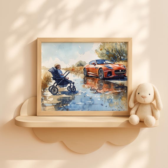 Baby Boy In Stroller Painting Autumn Street Scene Wall Art Watercolor Kids Room Decor Nursery
