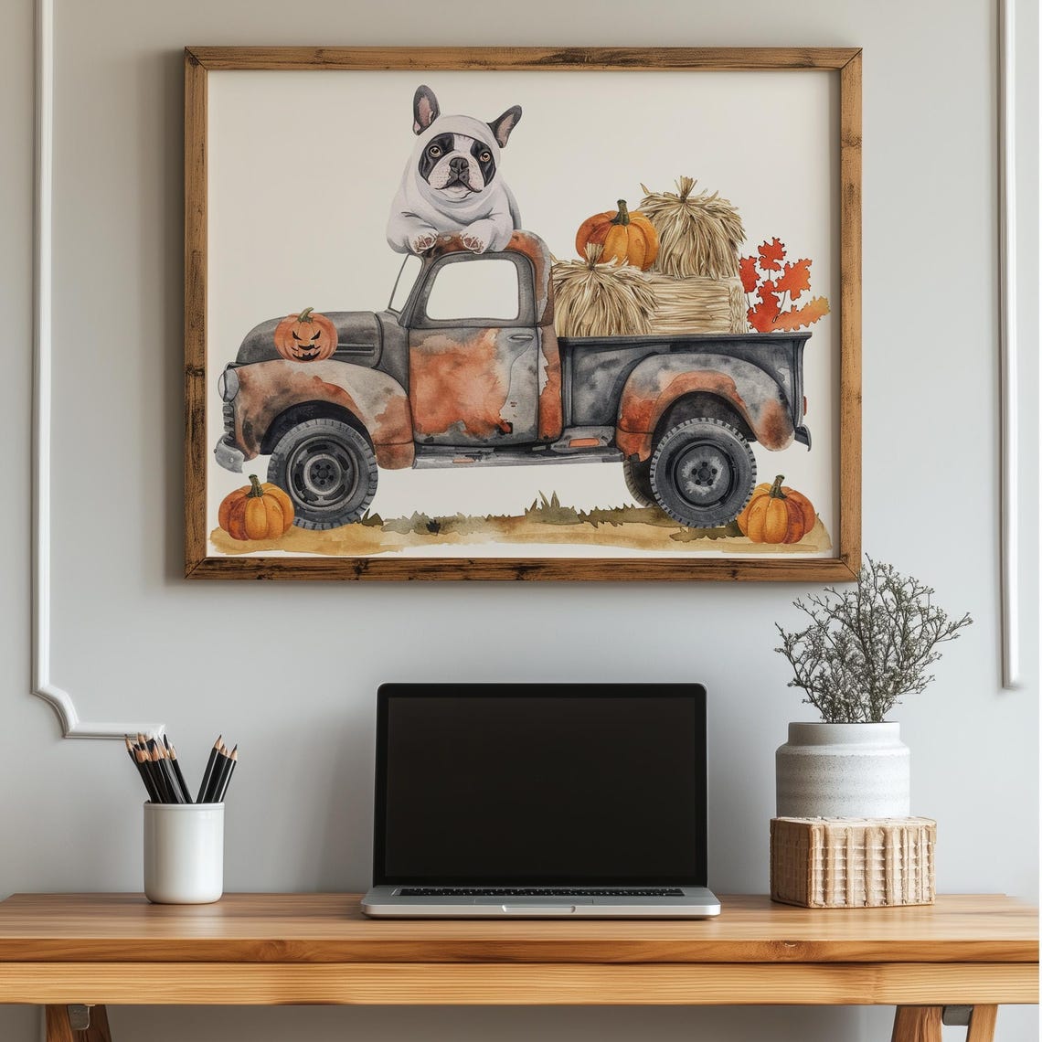 French Bulldog Ghost Costume Vintage Truck Pumpkins Fall Wall Art