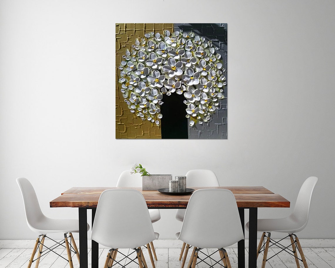White Floral Bouquet In Black Vase Gold Grey Canvas Oil Poster