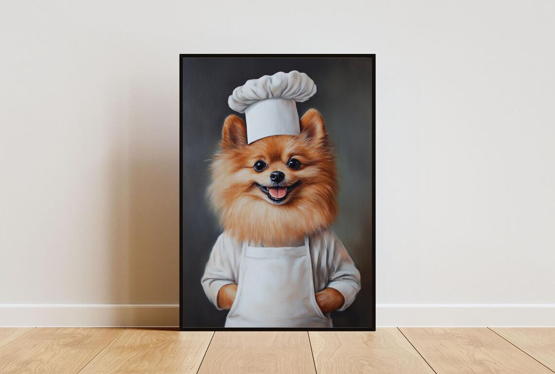 Pomeranian Chef Dog Portrait Smiling Funny Kitchen Art Poster