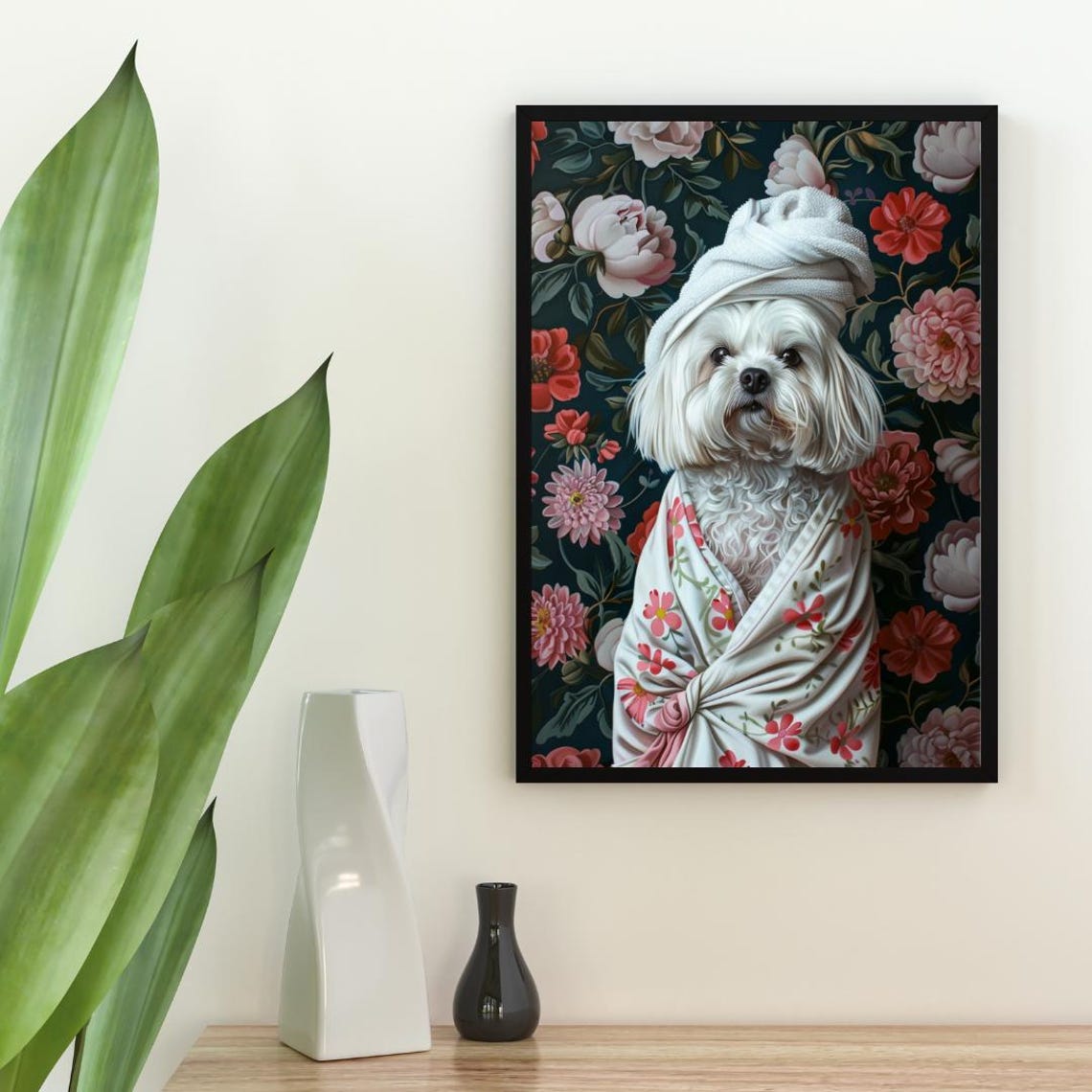 Fluffy White Havanese Dog in Bathrobe Fun Bathroom Spa Day Poster - Image 2