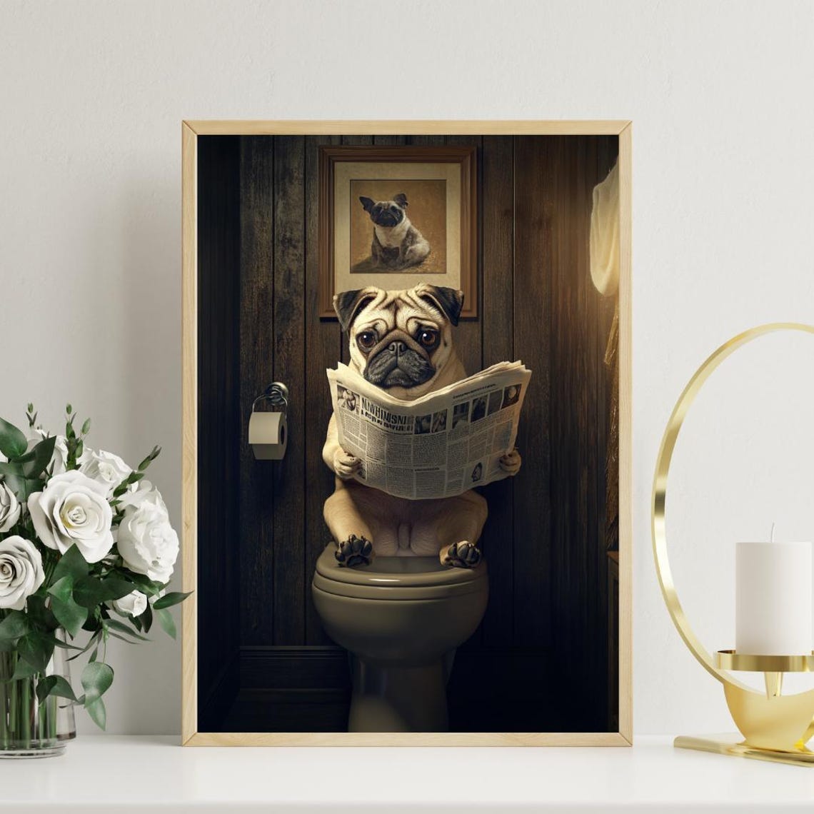 Pug On Toilet Reading Newspaper Quirky Funny Bathroom Dog Poster - Image 3