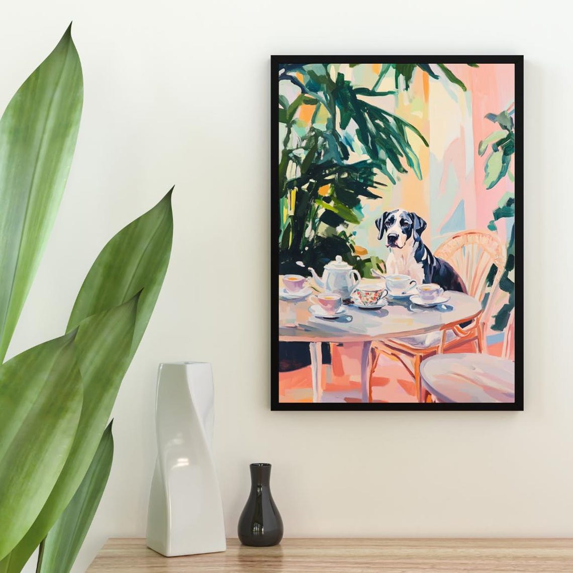 Great Dane Dog Garden Tea Party Pastel Oil Painting Style Poster - Image 2