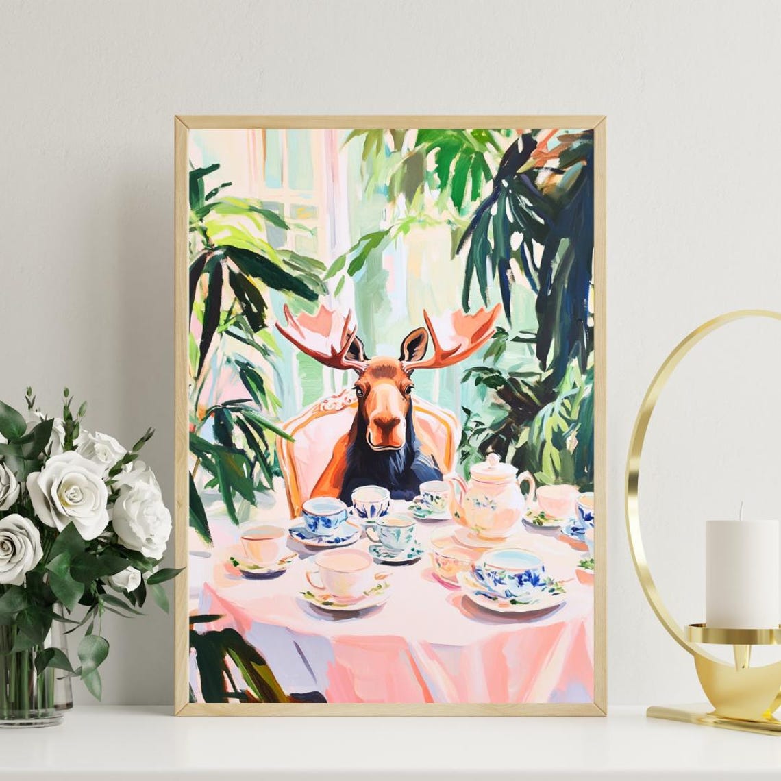 Moose at Tea Table Whimsical Wildlife Painting Portrait Poster - Image 3