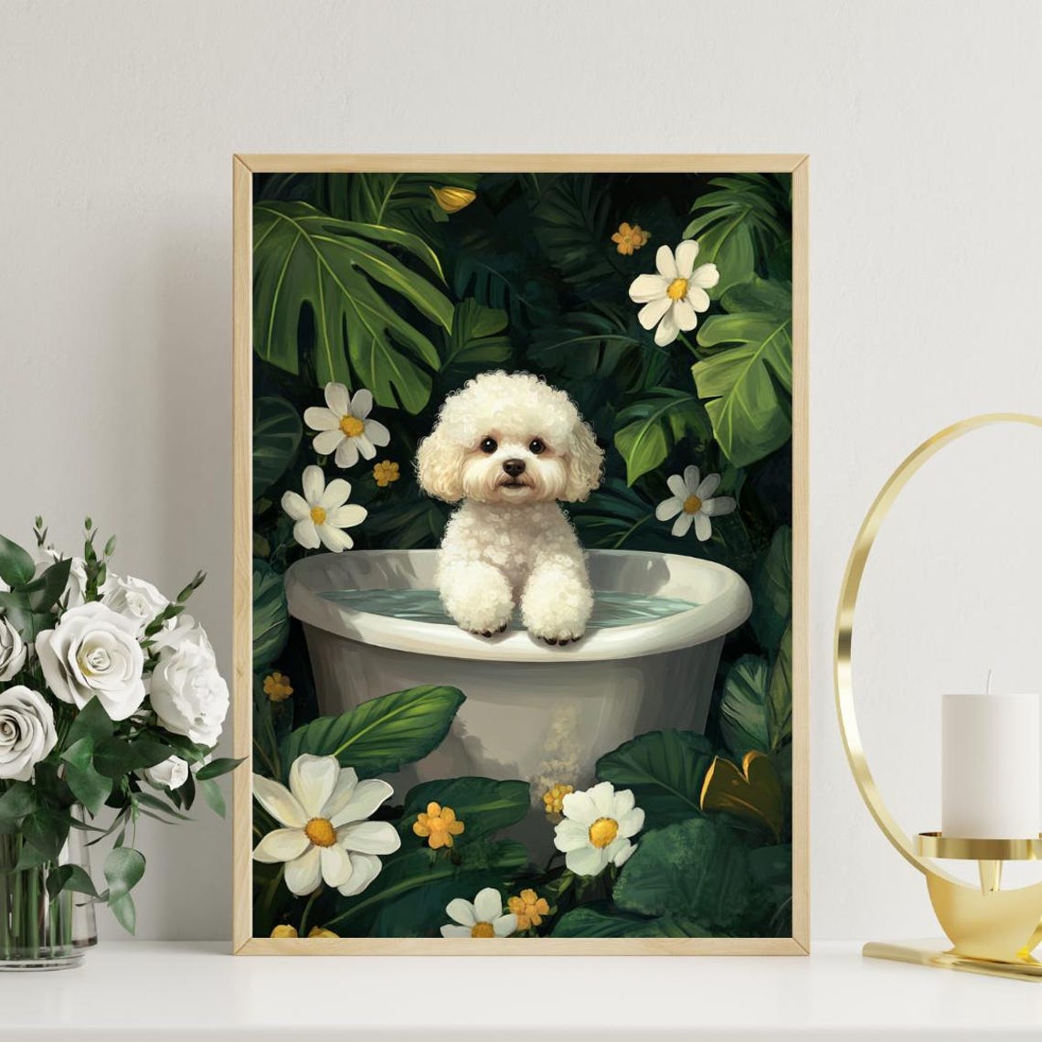 Bichon Frise Bath Time In Tropical Floral Tub Cute Dog Poster - Image 3